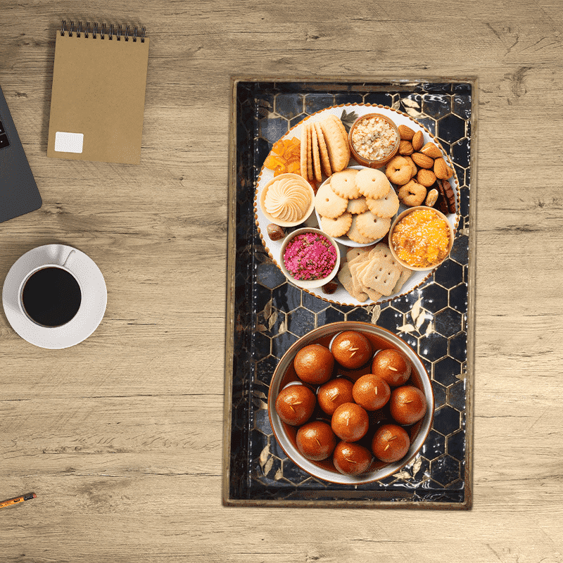 Turkish Mosaic Wooden Tray with Gold Finish